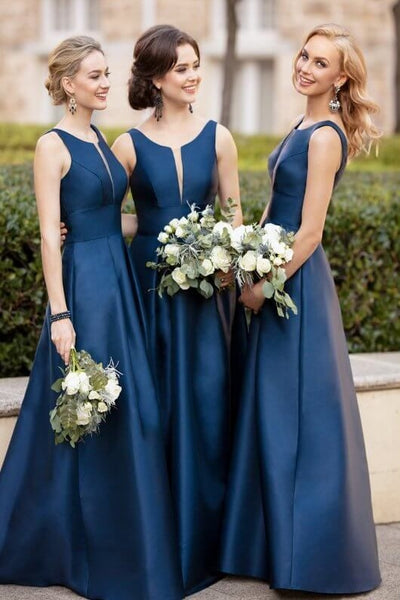 illusion-cut-sleeveless-dark-blue-bridesmaid-dresses-satin-skirt