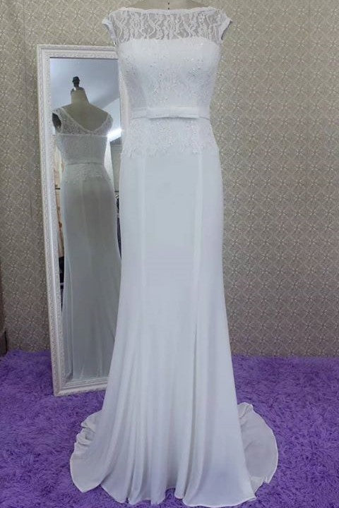 Illusion Lace Beach Wedding Dress with Chiffon Skirt