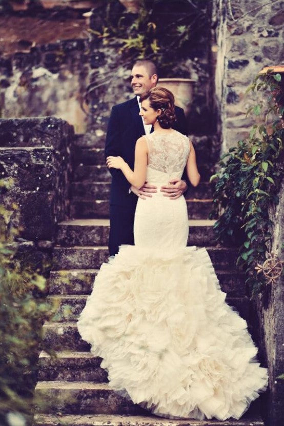 Illusion Lace Mermaid Wedding Dress with Tierd Ruffles Train