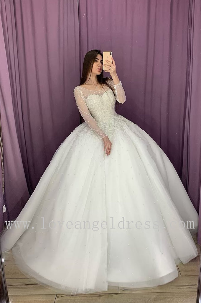Illusion Long Sleeves Pearls Wedding Dress Ball Gown 2020