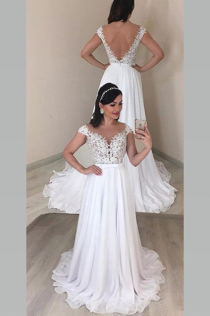 Illusion Neckline Chiffon Bride Wedding Dresses with Lace Cap Sleeves