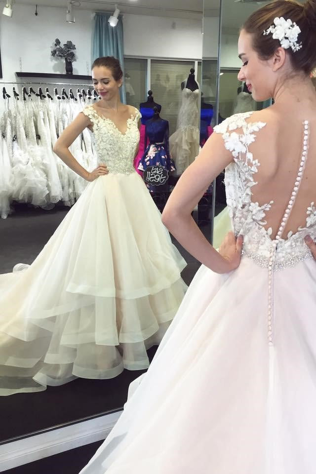 Illusion Neckline Lace Cap Sleeves Bridal Dresses with Tiered Skirt