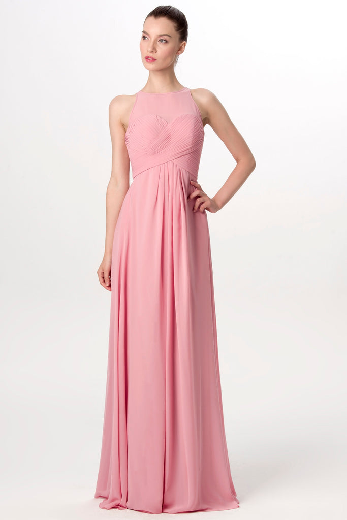Illusion Neckline Long Chiffon English Rose Bridesmaid Dresses