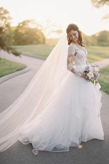 Illusion Neckline Tulle Wedding Dress with Lace Sleeves