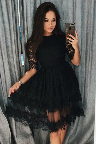 knee-length-black-lace-homecoming-dresses-half-sleeves