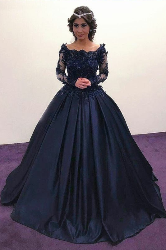 Lace Beaded Long Sleeves Navy Prom Ball Gown Dress Boat Neck