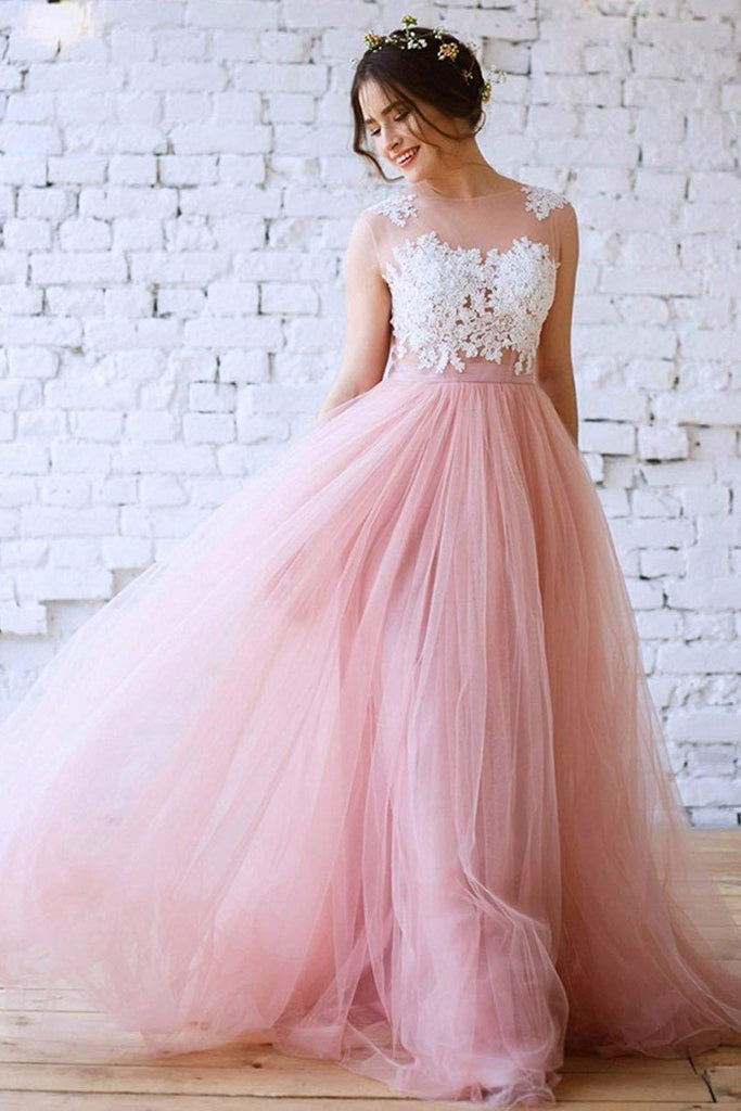 Lace Blush Pink Tulle Wedding Dress with Illusion Neckline