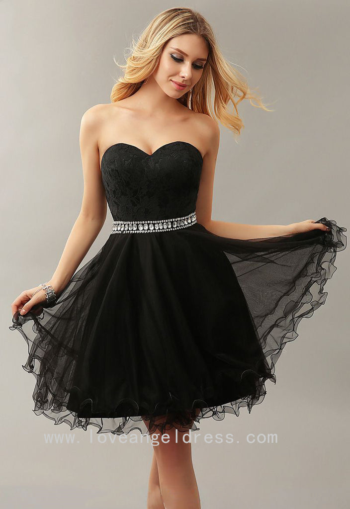 Lace Corset Sweetheart Stones Belt Little Black Dress for Cocktail