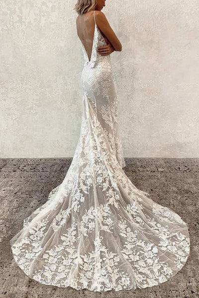 Lace Floral Wedding Gown with Deep V-neckline – loveangeldress