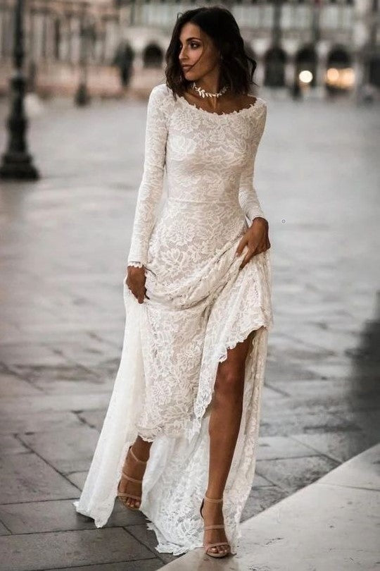 Lace Full Sleeves Modest Wedding Gowns with Sweep Train