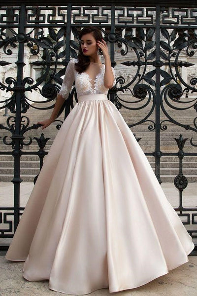 lace-half-sleeves-champagne-wedding-dress-with-sheer-neckline-2