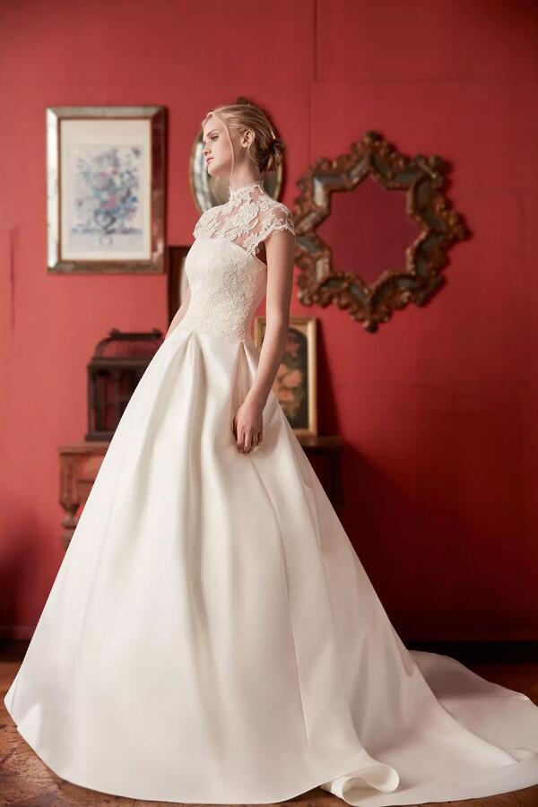 Lace High Neck Modest Wedding Gown Satin Skirt