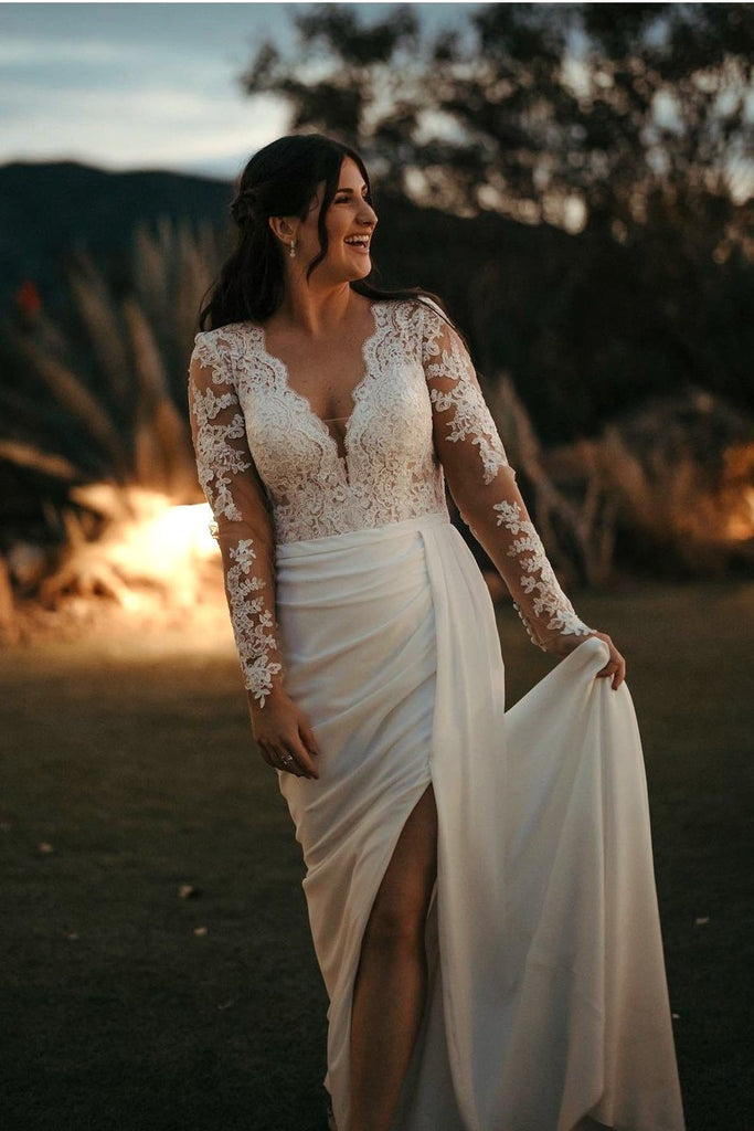 Lace Long-sleeve Wedding Dress with Chiffon Skirt