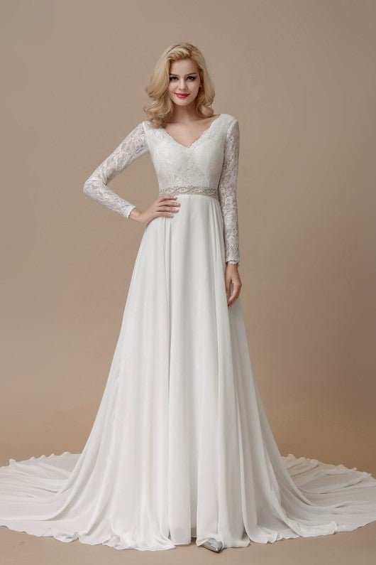 Lace Long Sleeves Boho Wedding Dress with Chiffon Skirt