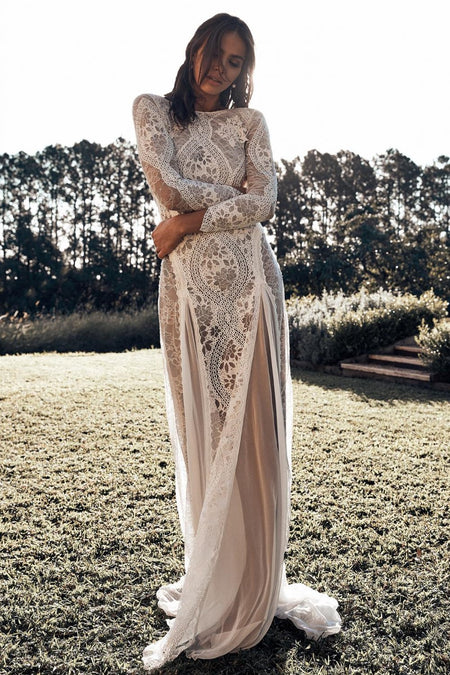 See-through Neckline Lace Ivory Wedding Dresses 3/4 Sleeves