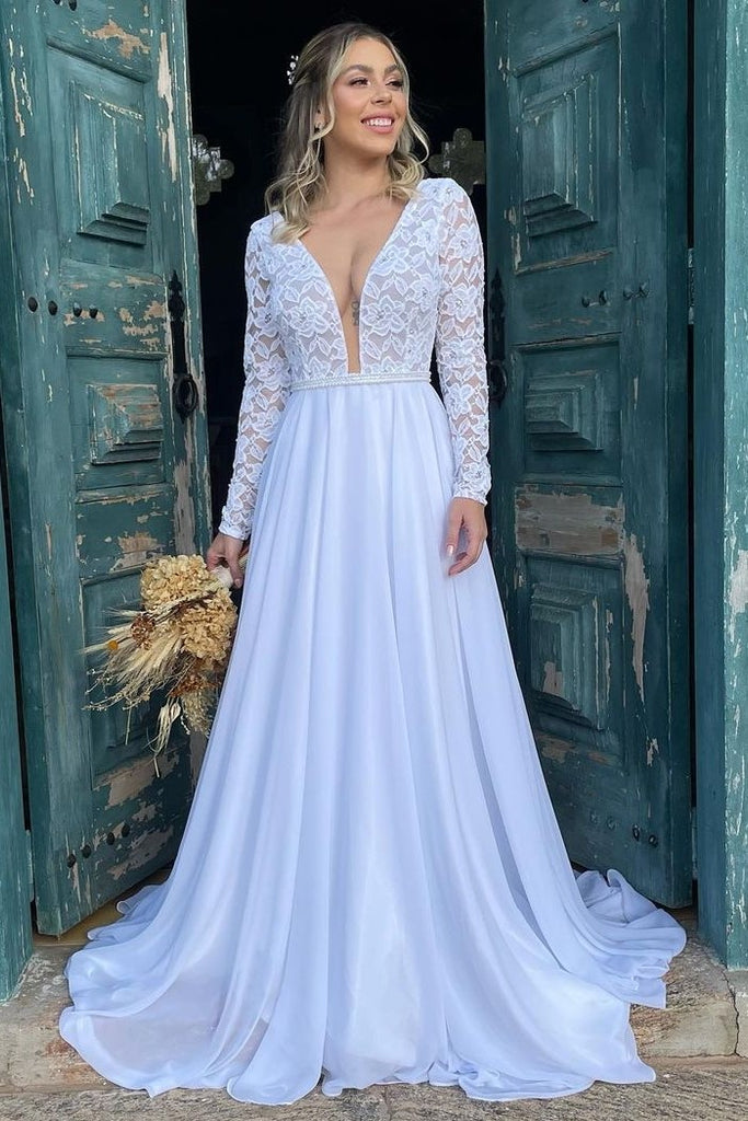 Lace Long Sleeves Bridal Gown with Open V-neckline
