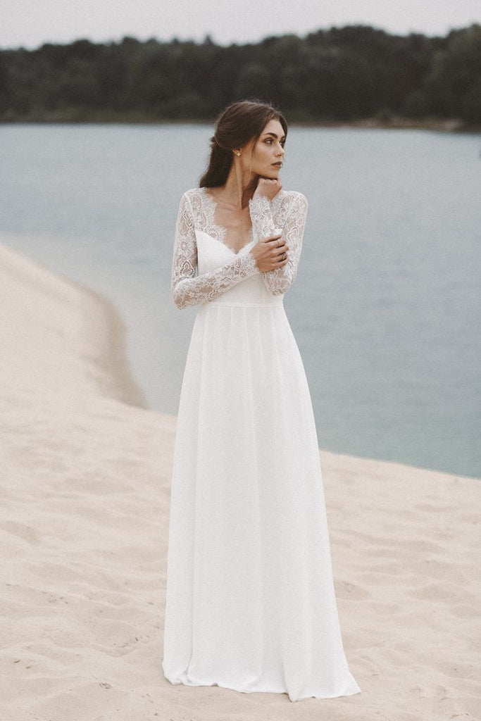 Lace Long Sleeves Summer Wedding Gown with V-neckline