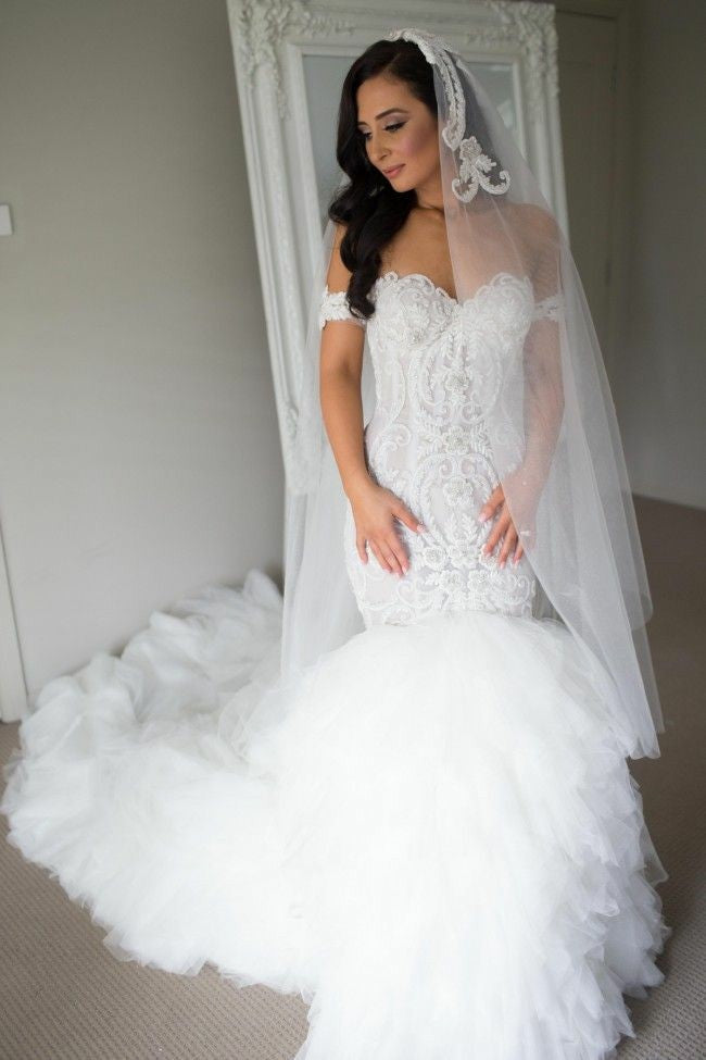 Lace Off-the-shoulder Corset Mermaid Wedding Gown with Ruffled Tulle Skirt