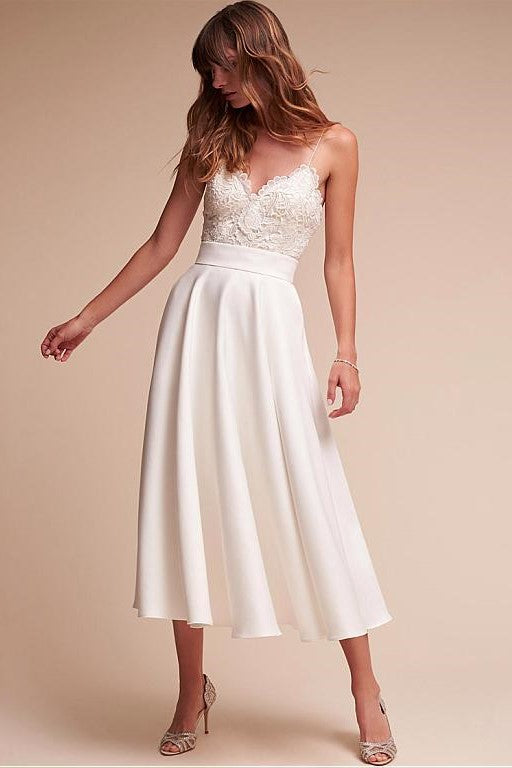 Lace Satin Tea-length Wedding Gown with Thin Straps vestido corto de novia