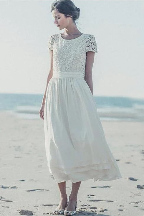 Lace Short Sleeves Tea-Length Bridal Dress for Beach Weddings