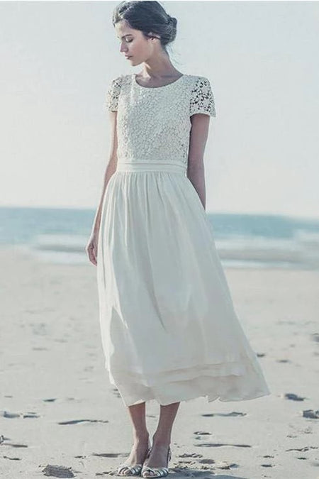 V-neck Lace Short Bridal Dress with Sleeves