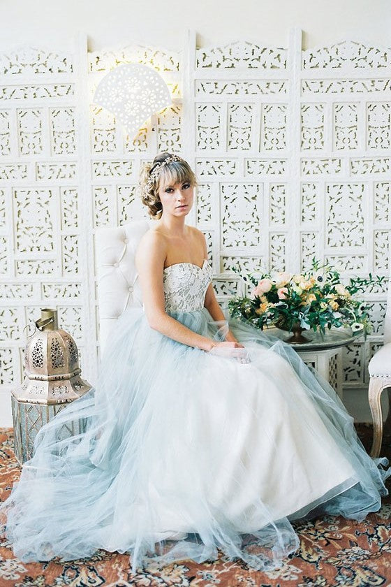 Lace Strapless Wedding Gown Dusty Blue Tulle Skirt