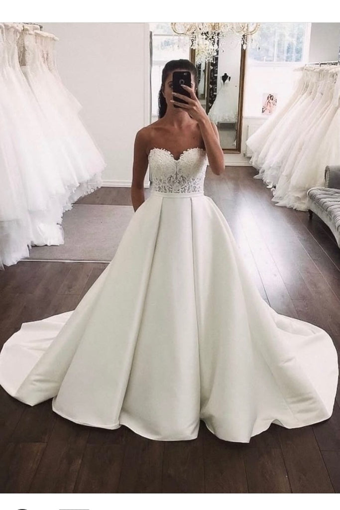Lace Strapless Wedding Gown with Thick Satin Train