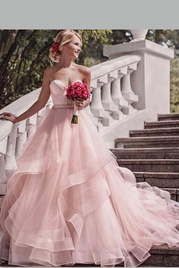 Lace Sweetheart Corset Pink Wedding Gown with Horsehair Skirt