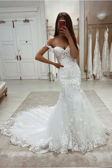 Tulle and Lace Mermaid Wedding Dresses Long Train