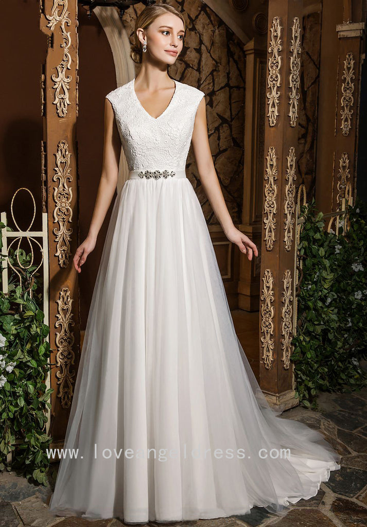 Lace V-neckline Modest A-line Wedding Dress with Stones Belt