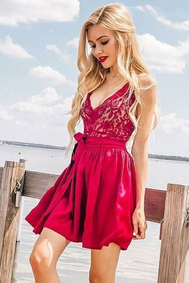 Lace V-neckline Short Fuchsia Party Dresses with Ribbon Sash