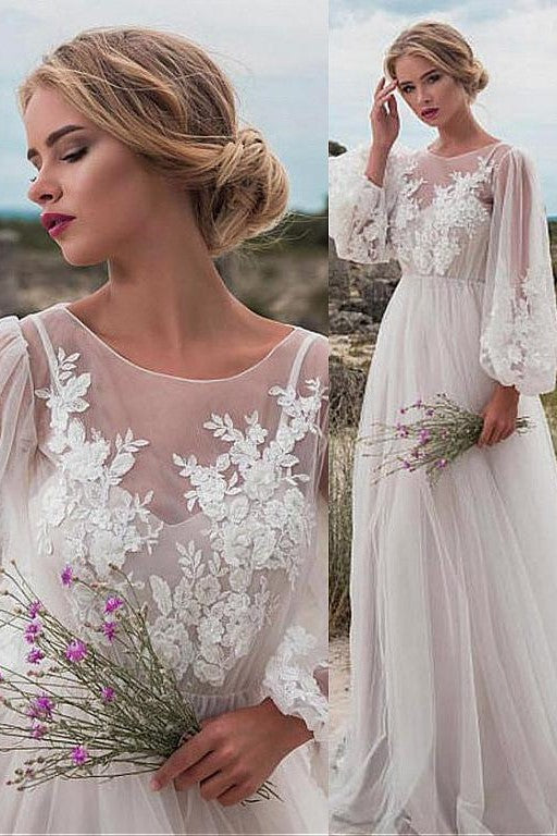 Lantern Sleeves Boho Bride Dress Lace Tulle Beach Weddings