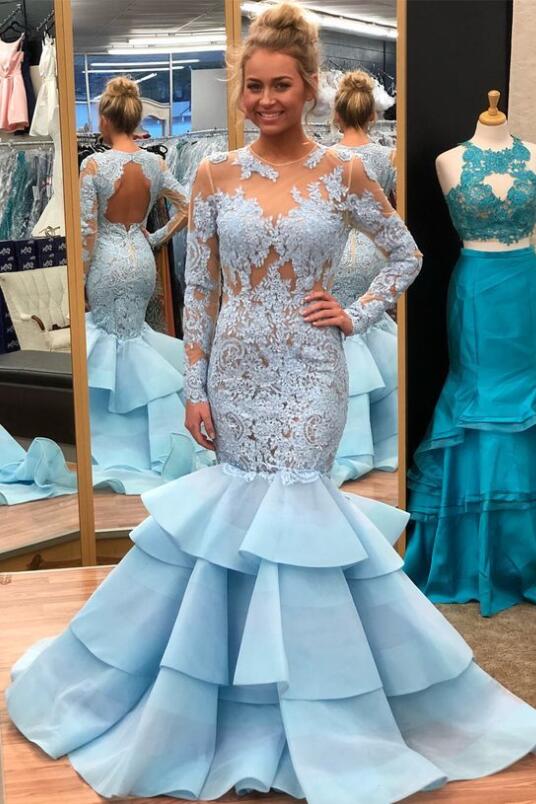 Light Blue Lace Mermaid Long Sleeves Prom Dresses with Tiered Skirt
