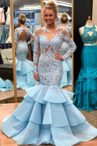 Light Blue Lace Mermaid Long Sleeves Prom Dresses with Tiered Skirt –  loveangeldress