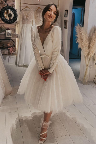 Long Sleeves Short Wedding Dress with Beaded Plunging Neckline