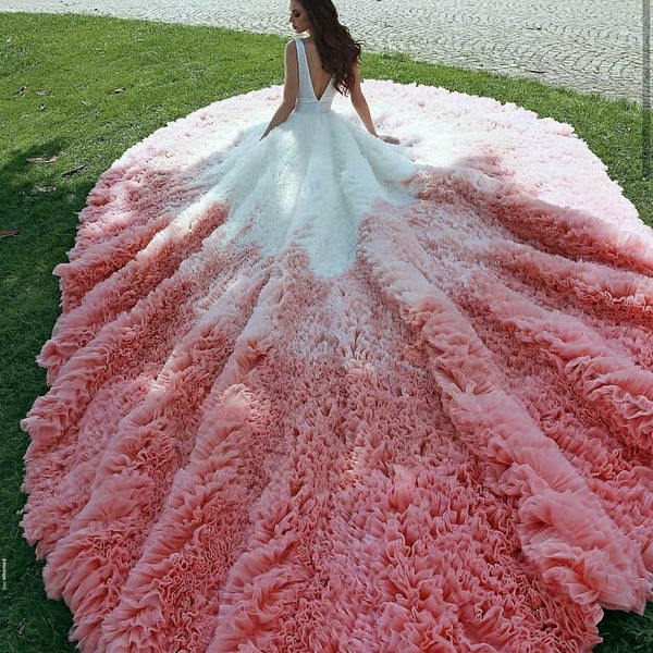 White wedding dress with red train discount