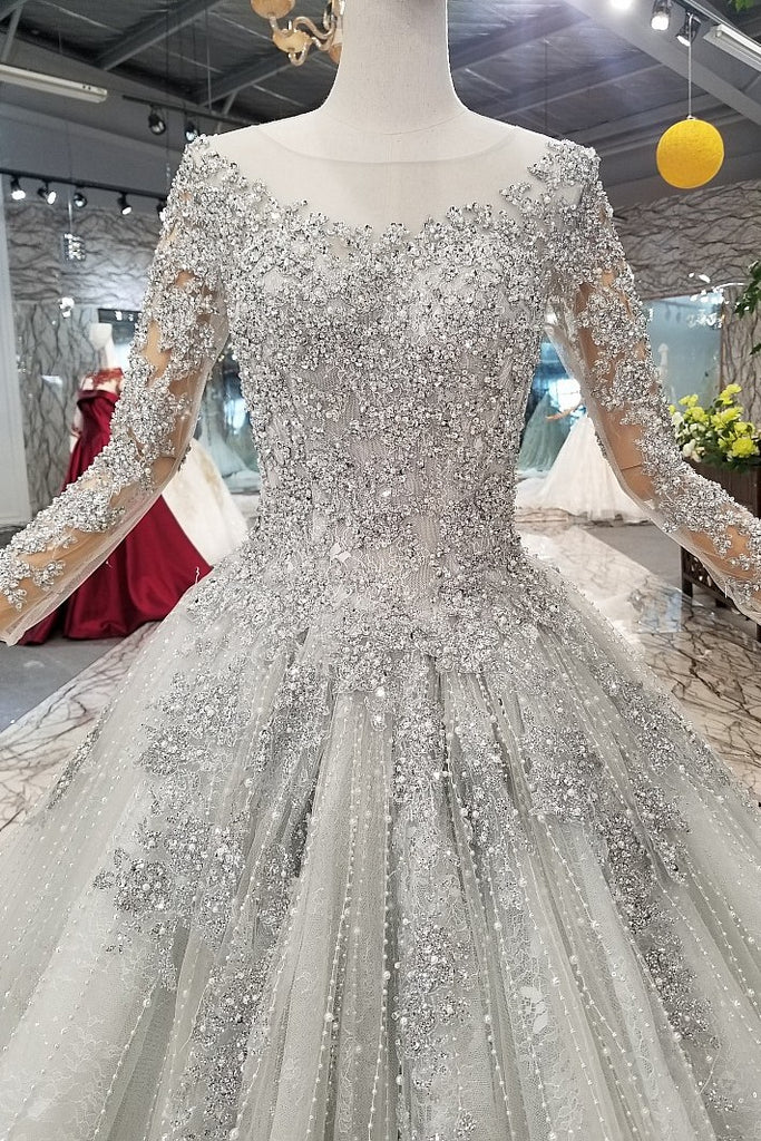Magnificent Stones Wedding Dresses Long Sleeves Illusion Neck