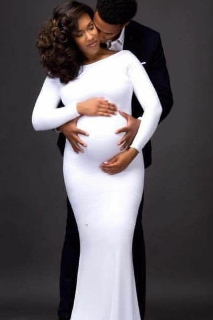 Maternity White Long Dress Baby Shower Shoot