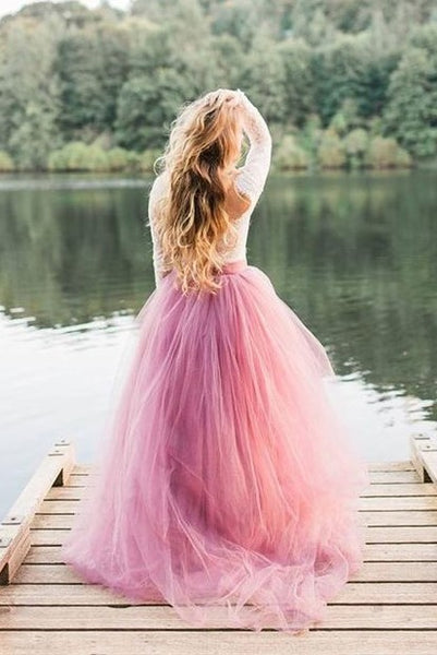 Mauve Colored Tulle Wedding Dress with Long Lace Sleeves