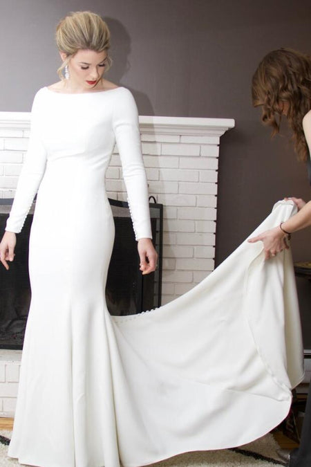 Cowl Neckline White Simple Wedding Gown with Thin Straps