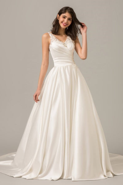 Modern Satin Ball Gown Wedding Dress with Illusion Beaded Back