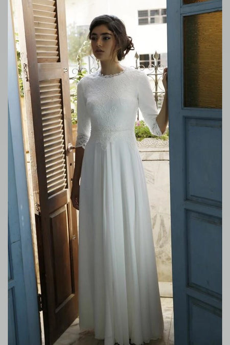 Boat Neck 3/4 Sleeves Satin Wedding Gown with Pockets