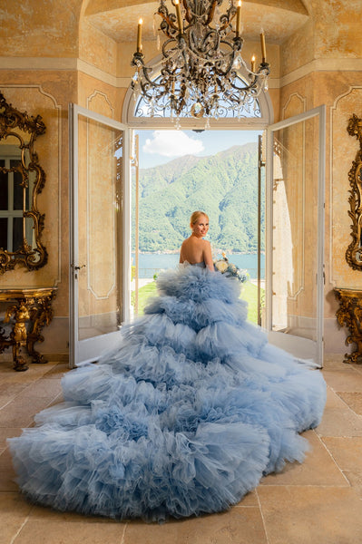 Multi-layers Tulle Blue Wedding Dress with Beaded Bodice