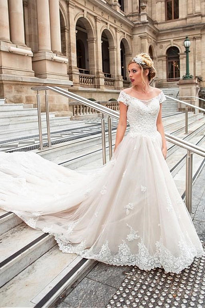 Off the shoulder Cathedral Train Wedding Gown with Lace Bodice