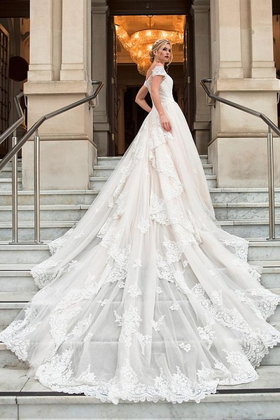 Off the shoulder Cathedral Train Wedding Gown with Lace Bodice