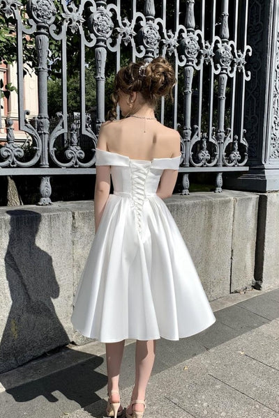 Off-the-shoulder Corset Short Satin Wedding Dresses with Bow Sash –  loveangeldress