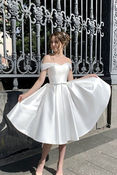 Off the shoulder Corset Short Satin Wedding Dresses with Bow Sash
