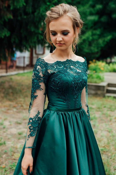 Off-the-shoulder Lace Long Sleeves Evening Dress Green Satin Skirt –  loveangeldress