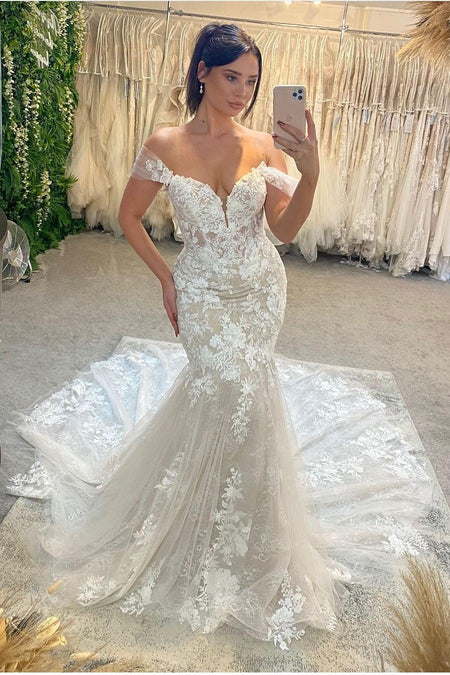 Tulle and Lace Mermaid Wedding Dresses Long Train