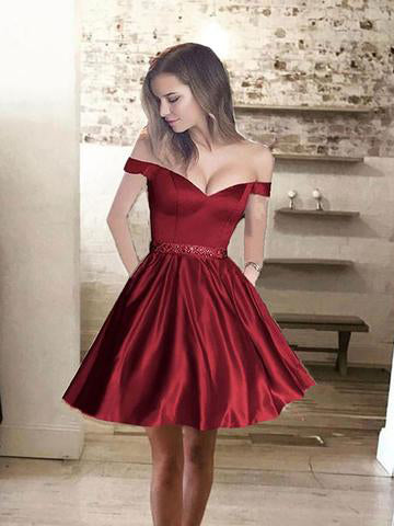 off-the-shoulder-satin-burgundy-cocktail-party-dress-with-beaded-belt